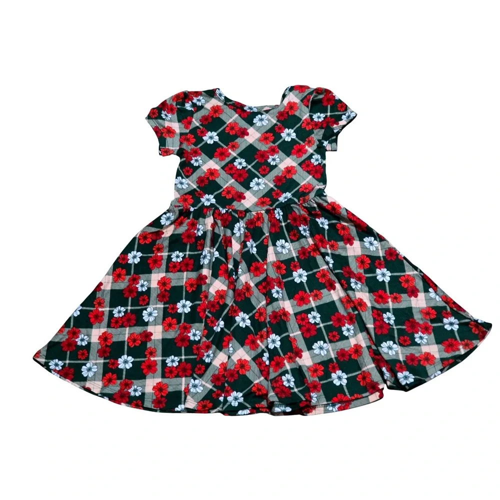 DotDotSmile Kids Plaid Floral Short Sleeve Twirl Dress Green Red 3/4 NEW‎
